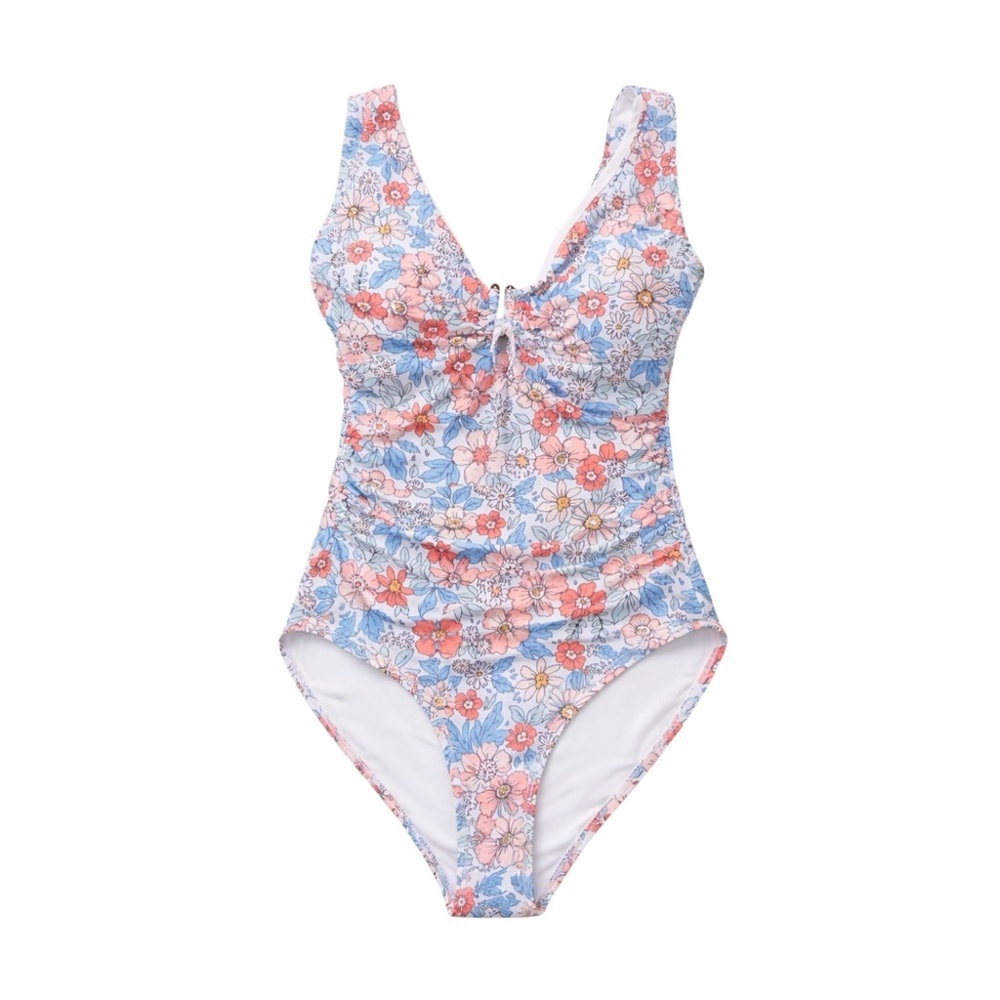 NWT B2PRITY Floral One Piece Swimsuit Pink Ruched V Neck Tummy Control Medium